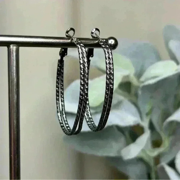 Dark Silver Tone Double Loop Hoops Hoop Earrings - Picture 1 of 2